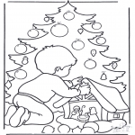 Ausmalbilder Weihnachten - Junge beim Weihnachtsbaum