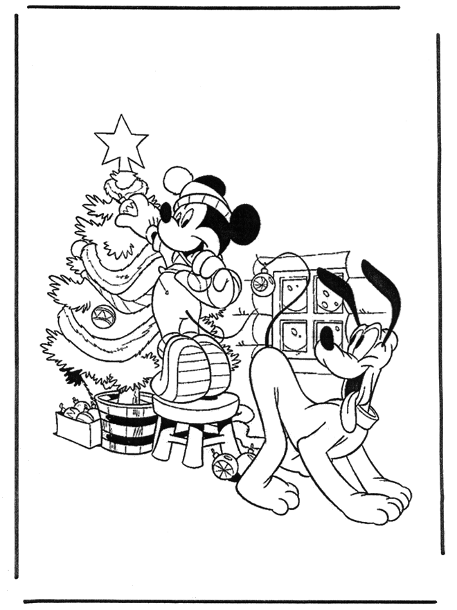 Mickey und Pluto mit Weihnachsbaum - Ausmalbilder Weihnachten