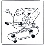 Ausmalbilder für Kinder - Schwammkopf auf Skateboard